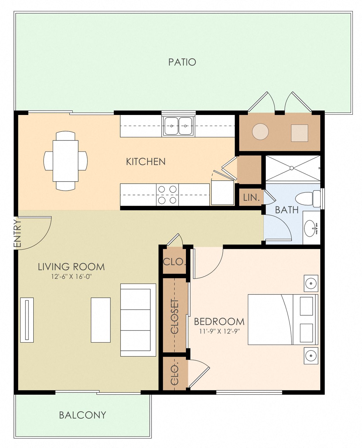 Floor plan for 1 bed, 1 bath, 668 sqft